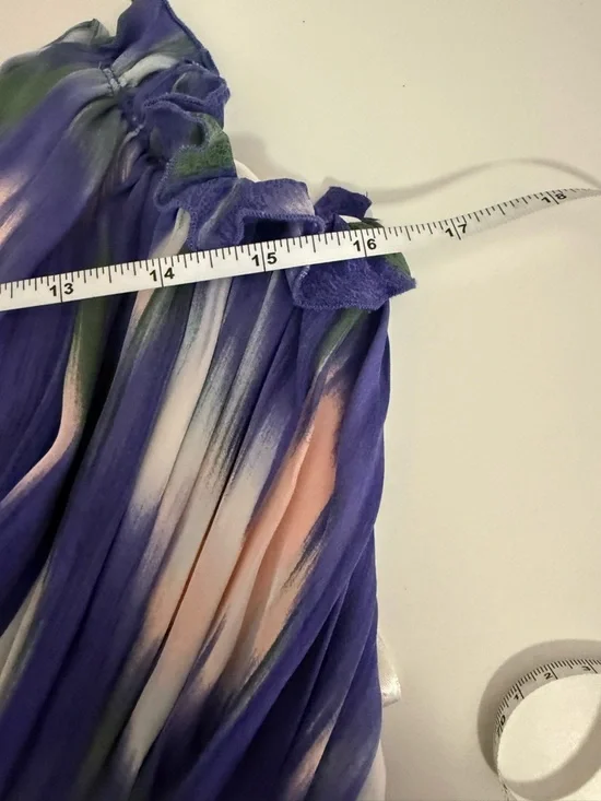 Purple Blue Abstract Print Dress | Flowy Fit & Flare Mini | 100% Silk | Size 8 - Picture 14 of 16